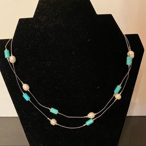 QT 925 NECKLACE 2 WIRES STERLING SILVER PEARLS BLUE BEADS